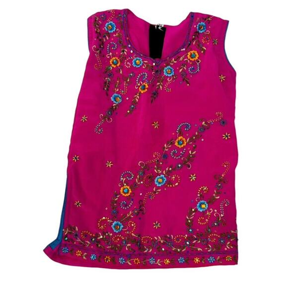 Indian Rhinestone Embroidered Silky Pink Kurta Blouse Pants Set Kids Size 22 2T - Picture 2 of 9
